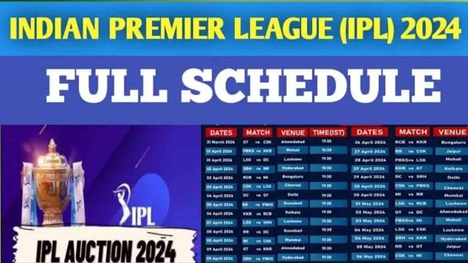IPL Schedule 2024 Team, Player List, Venue, Time Table